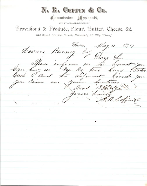 N R Coffin & Co Boston MA 1874 Letterhead Produce Flour Butter Cheese