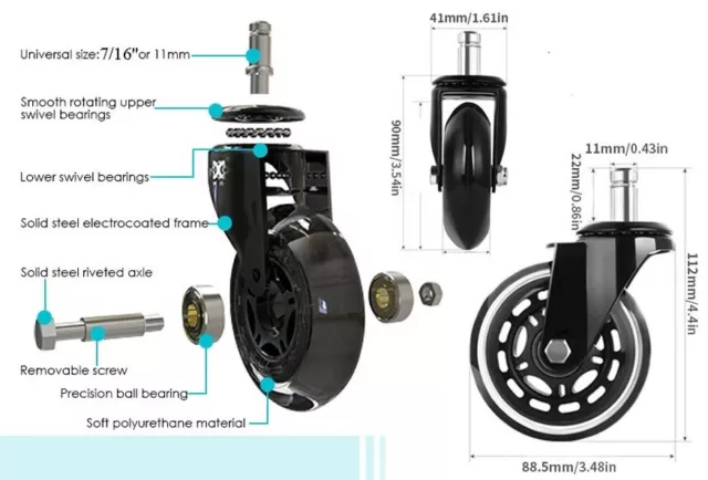 5pcs Roulettes Chaise de Bureau Silencieux et ne rayent pas *NEUF*