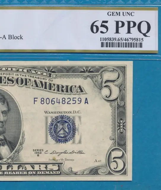$5.00 1953-B  Blue Seal Silver Certificate Pcgs Gem New 65Ppq