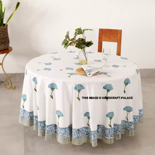 Coton Bloc Imprimé Floral Nappe Rond 183cm Blanc Bleu Cuisine Lin