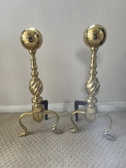 Pair Of Andirons Vintage Brass Cast Iron Fireplace 18"×5"×8"