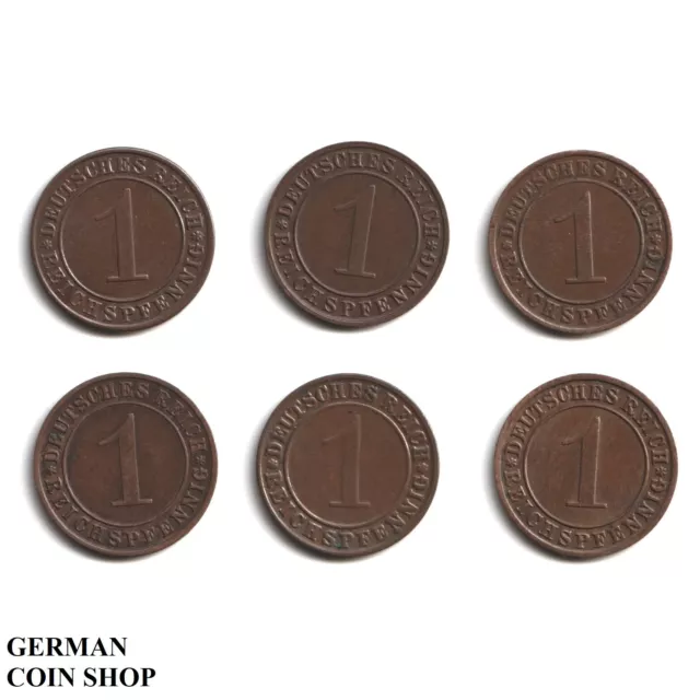 Set 1 Reichspfennig 1936 a D E F G J - Weimar Republic Cooper