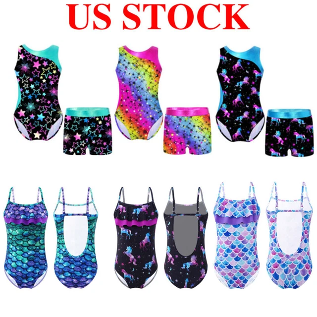 US Kid Bodysuit Girls Printed Gymnastics Dance Outfit Cut Out Open Back Leotard