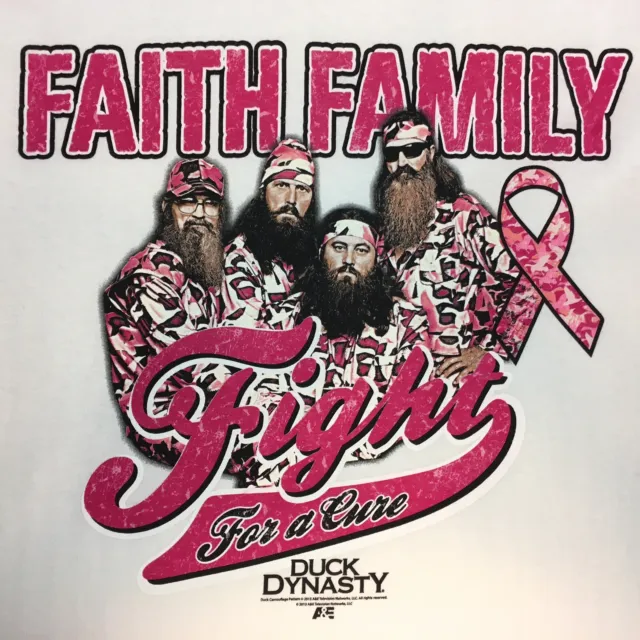 1367 Duck Dynasty Cancer Awareness T-Shirt Size L Faith Family Fight Cure WHITE
