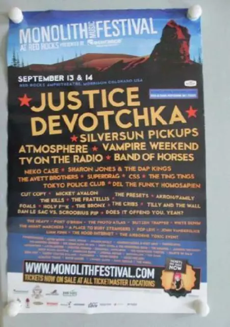 Justice Devotchka Vampire Weekend Monolith Red Rocks 2008 Concert Poster Blue