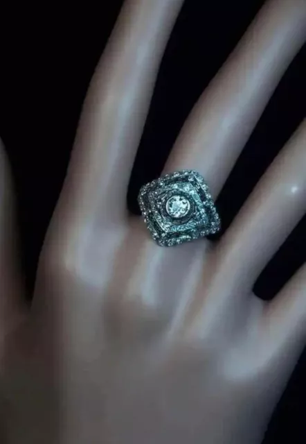 Art Deco Old European Cut Lab Created Diamond Women's Mid-Century 925Silver Ring 3