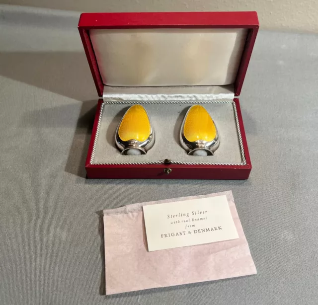 Vtg Yellow Enamel Salt & Pepper Shakers Set Sterling Silver Frigast Denmark Box