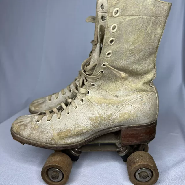 Vintage Official Roller Derby White Wooden Wheel Skates No Size