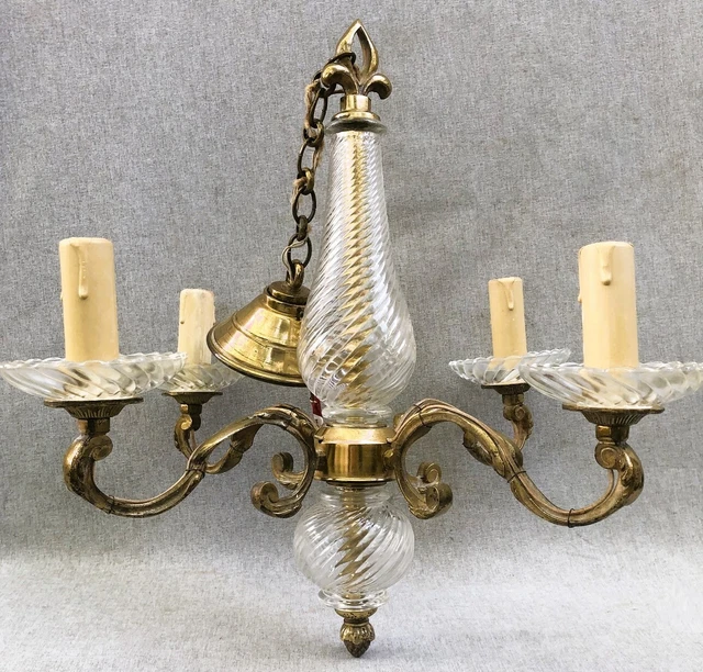 Antique french chandelier 1930-40's gilded bronze and glass light lamp