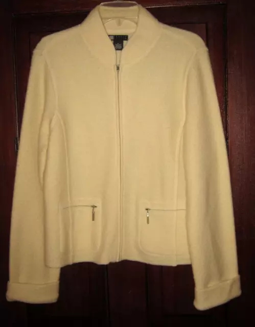 Carole Little Sz M Knit Blazer Jacket Cardigan Sweater Zipper Wool Pockets Ivory