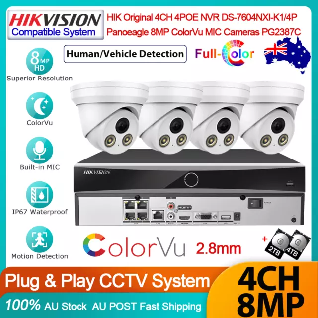 Hikvision 4CH 8MP Full Color Security Camera System Kit 4 POE 4K NVR MIC ColorVu