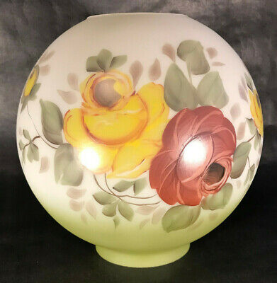 New 9" Hand Painted Victorian Roses Floral Scene, Peach & Celery Tint Ball Shade
