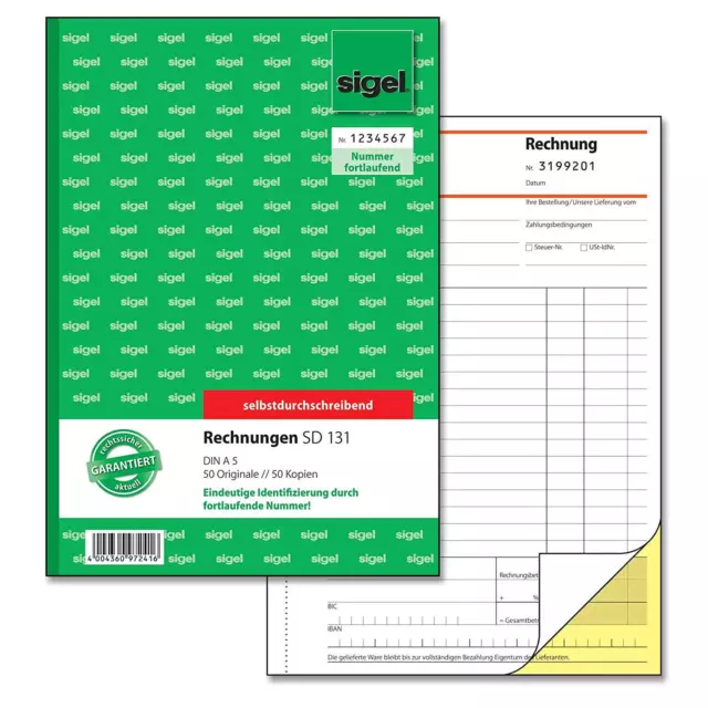 sigel Formularbuch "Rechnung" fortlaufende Nummerierung A5 2 x 50 Blatt