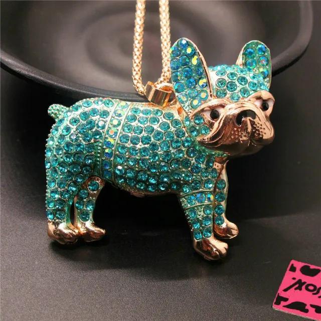 Betsey Johnson Blue Rhinestone Bling Cute Pug Dog Crystal Pendant Chain Necklace