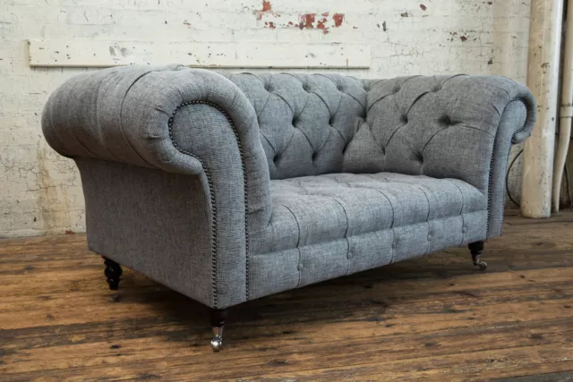 Modern Handmade 2 Seater Grey Woven Linen Chesterfield Sofa Couch Chair