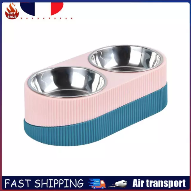 Cat Dog Stainless Steel Pet Feeding Slow Food Water Bowl (Pink Double) FR