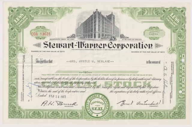 Stewart-Warner Corporation Stock Certificate Virginia