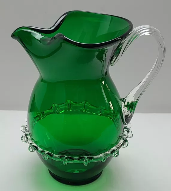 Vintage Hand Blown Emerald Green Pitcher Applied Clear Glass Ruffle & Handle