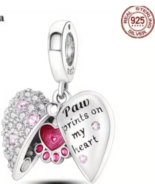 S925 Sterling Silver Paw Prints On My Heart Memorial Charm &  Charm Bracelet UK