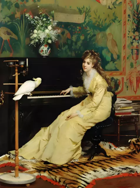 Woman at the piano with Cockatoo Gustave Léonard de Jonghe Painting Poster Print