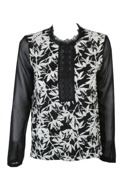 Yyigal Black White Illusion-Sleeve Printed Lace-Trim Blouse  M