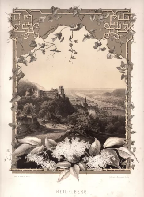 Heidelberg Neckar, Gesamtansicht, sehr große getönte Lithographie Stilke v. 1866