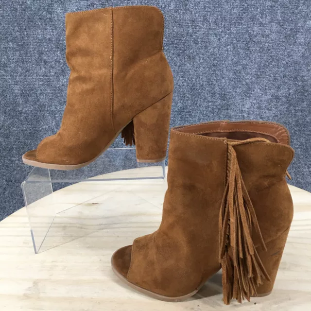 Dolce Vita Boots Womens 6 Express Peep Toe Fringe Booties Heels Brown Pull On