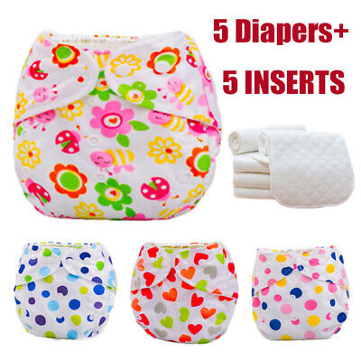 Lot Reusable Baby Washable Cloth Diaper Nappies Adjustable 5 Diapers+5 INSERTS