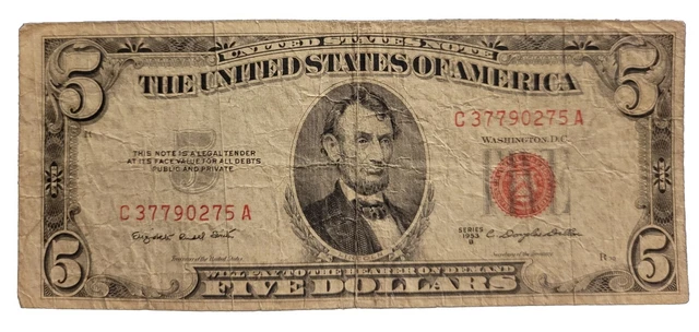 United States 1953 B Red Seal Five Dollar Bill- Rare and Error Print.