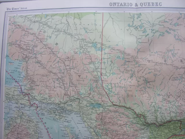 1920 MAP OF ONTARIO & QUEBEC Lake Huron Erie CANADA Maine Plate 86 Times Atlas 2