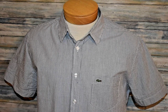LACOSTE FR 42 US L Men's S/S Croc Logo Shirt Gray Striped LACOSTE FR 42 US L Men's S/S Croc Logo Shirt Gray Striped