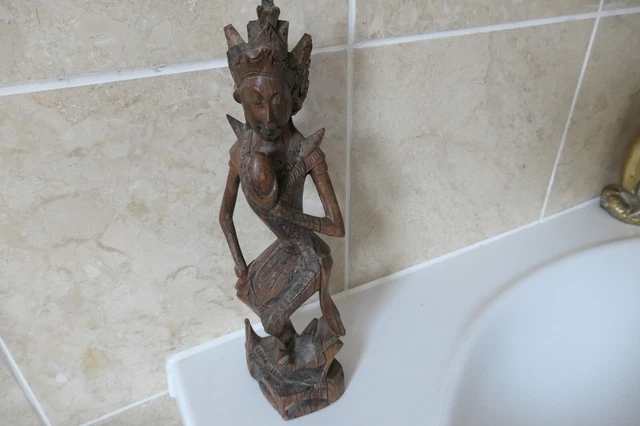 Vintage Bali/Thai Carved Wooden Traditional Dress Female &Fruit Inhand With Bird