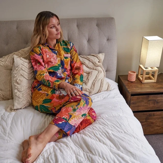 Indiano Multi a Fiori Arancioni Stampa Pj Set Cotone Pigiami da Donna Abito Sera