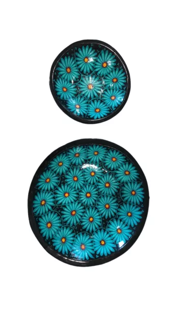 Vintage Mexican Handpainted Lacquered  Wood Bowl Floral Aqua Blue- Signed