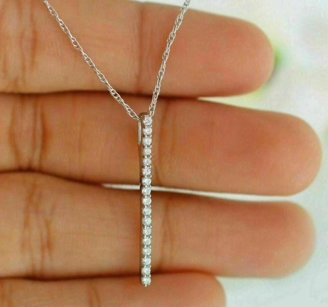1 Ct Lab Created  Diamond Vertical Bar Pendant 14K White Gold Plated