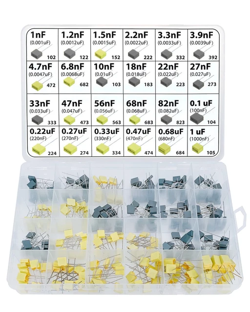 240 Pcs Film Box Capacitor Assortment Kit 24 Values MKT PET 63V-100V Correction