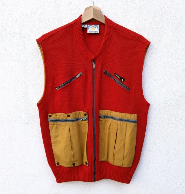 NAVIGARE Maglione Smanicato Uomo L Gilet Lana Cardigan con Zip Vintage Rosso