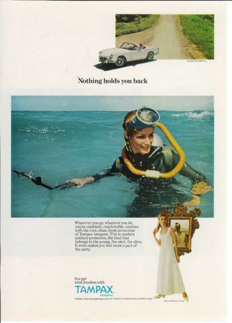 1966 TAMPAX Tampon Women Sanitary Protection Pad SCUBA Diving Vintage Print Ad