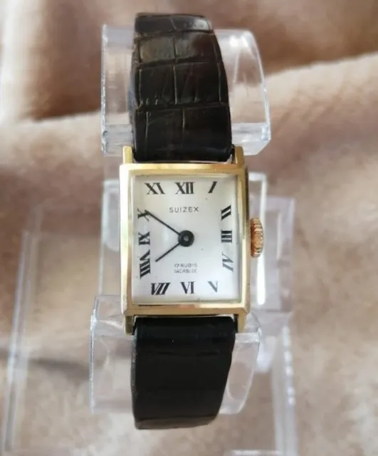 Ancienne Montre Femme SUIZEX Mécanique Vintage Watch  1950's Cuir Plaqué OR 2