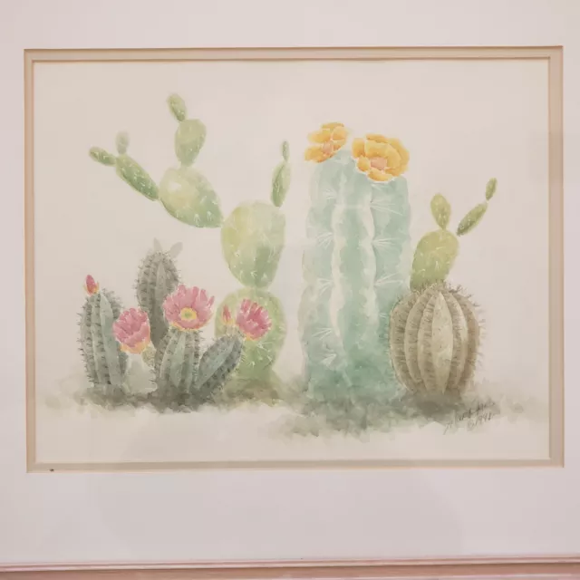 Vtg Mary Jane Watercolor Painting Flowering Cactus Signed & Dated 1991 framed 2