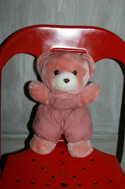 Nounours Peluche Doudou Ours Vintage  Rose Salopette Rouge Grelot 26 Cm  Neuf