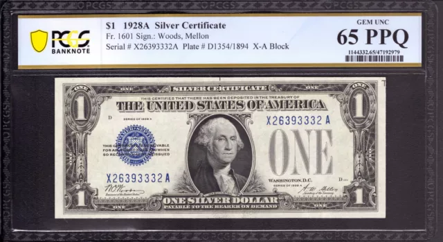 1928 A $1 Silver Certificate Note Funny Back Fr.1601 Xa Block Pcgs Gem 65 Ppq