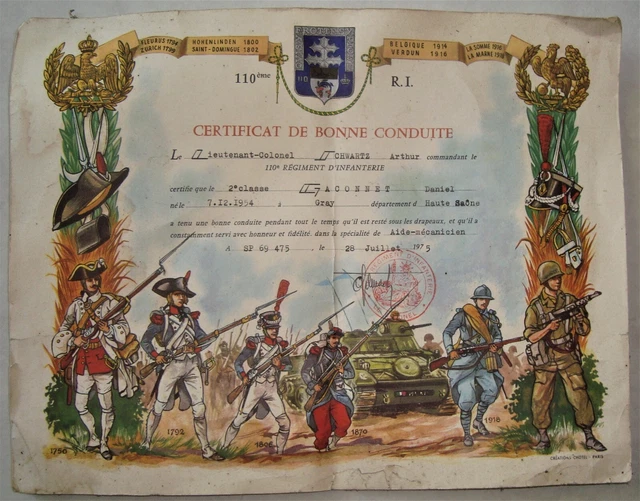 FRANCE BREVET CERTIFICAT De Bonne Conduite 156° Ri Régiment D