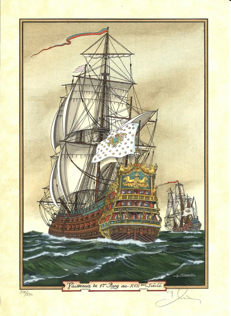 Gravure Originale Jean Gradassi - Vaisseau De Guerre Au Temps De Jean Bart - Signée