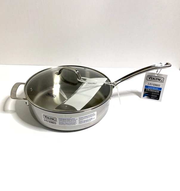 Sartén salteada de acero inoxidable de 3 capas Viking 5 Qt con mango auxiliar y tapa de vidrio NUEVA