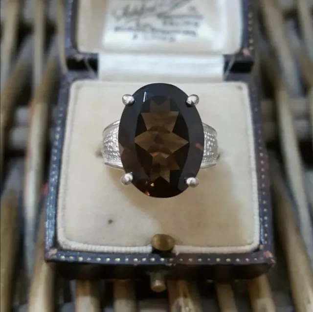 Vintage 925 Sterling Silver Ring, Natural Smoky Quartz, Size K½, US 5.5,Designer
