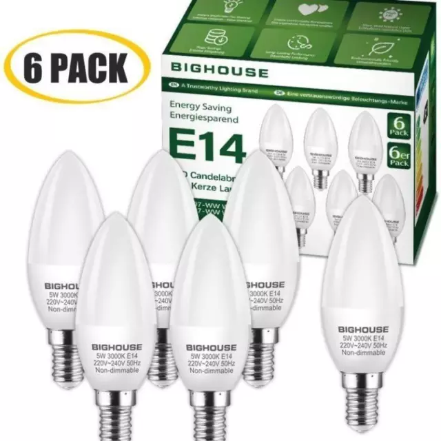 6 Stück E14 LED Kerze Leuchtmittel 5W Glühlampe Glühbirne Kerzenbirne Warmweiß