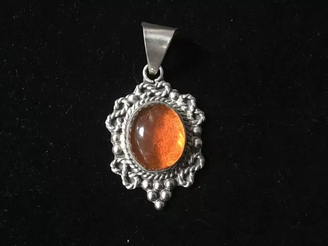 Mexico Taxco TB-156 Vintage Sterling Silver And Amber Pendant Large Bale