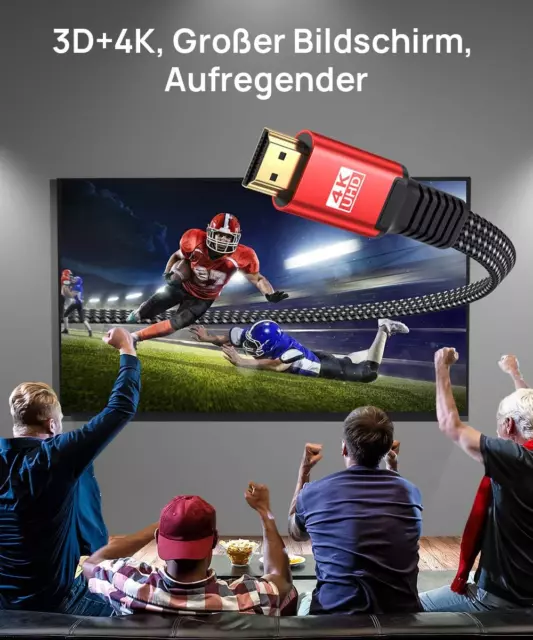 Câble HDMI 4K 3Meter, Fil Plat Câble HDMI 2.0 Nylon Tressé Support 4K@60Hz 3D HD 2