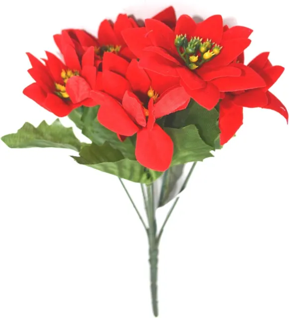 1 x ARTIFICIAL SILK FLOWERS CHRISTMAS POINSETTIA BUNCH BUSH SPRAY PICK RED